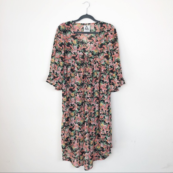UNIF Floral High Low Ruffle Sleeve Feminine Duster - Picture 1 of 8